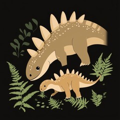 A playful scene featuring two cartoon dinosaurs in a lush green setting, perfect for children's illustrations.