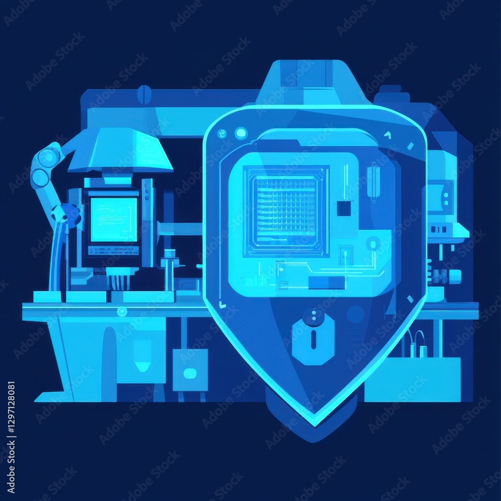 Aufkleber futuristic blue machine with robotic arm and computer chip components, showcasing advanced technolog