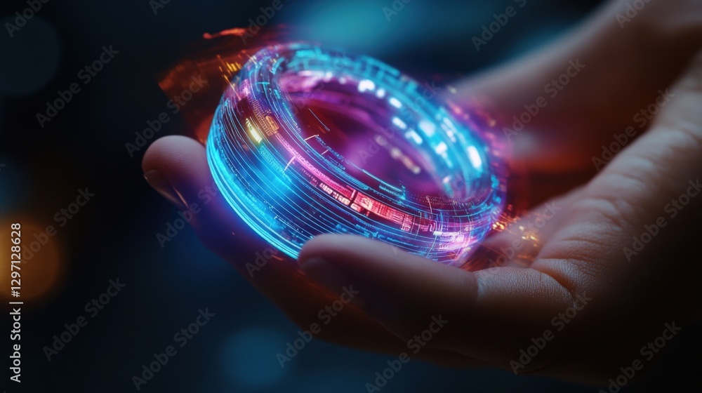 Aufkleber close up of open hand holding futuristic glowing rotating device with data transferring, representin