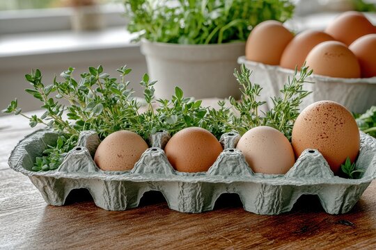 Fresh brown eggs nestled in an egg carton with vibrant green herbs in a bright, rustic kitchen setting.