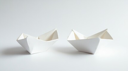 Naklejka premium Two white origami paper boats placed on a plain white background