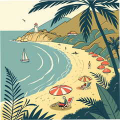 Vibrant vector background featuring a sunny summer beach scene with sand, ocean, and sky.