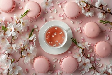- Overhead view of a Women's Day inspired flat lay with flowers, heart-shaped gift box, heels, gold rings, and sprinkles on pastel pink background with room for text.