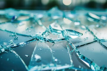 Shattered glass fragments urban setting photography raw detail close-up view