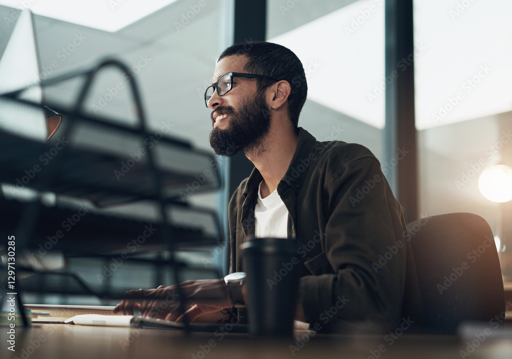 Aufkleber Computer, design and smile of man in office at night for website coding or programming deadline. Business, desktop and typing with happy programmer employee in creative workplace for overtime