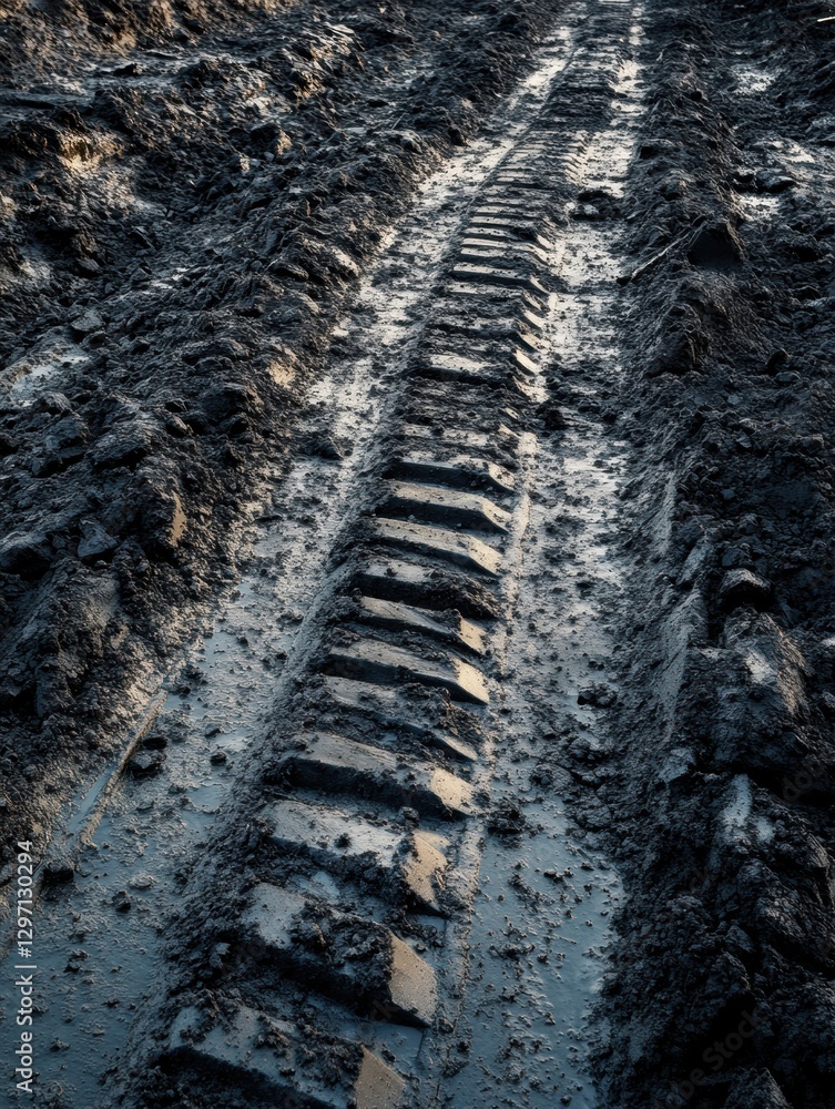 Aufkleber mud path created by heavy machinery on a construction site surrounded by a muddy environment. genera