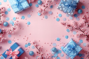 Bird's Eye View of Women's Day Inspired Flat Lay with Fresh Flowers, Heart-Shaped Box, High-Heels, Gold Rings, and Sprinkles on Pastel Pink Background, Perfect for Copy Space.