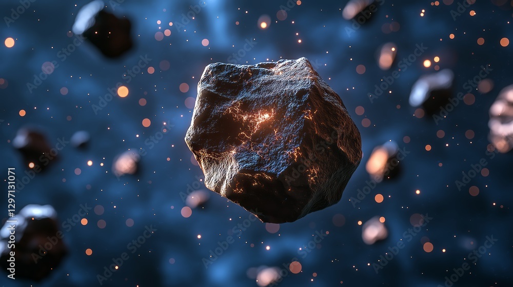 Poster Detailed close-up of a floating asteroid in deep space, featuring cosmic dust, celestial particles, and an interstellar atmosphere in a mysterious galaxy, Generative AI