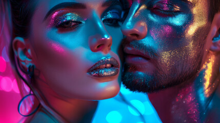 Obraz premium Glamorous Couple in Neon Lights Close-Up