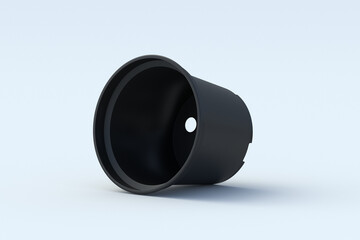 Black plastic flower pot for seedlings on light gray background. Gardening accessories. Horticulture equipment. 3d render