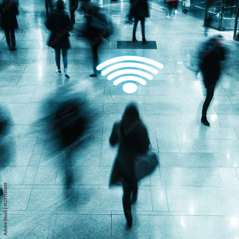 Poster connectivity hub: blurred motion of people walking in a public area with free wi-fi hotspot