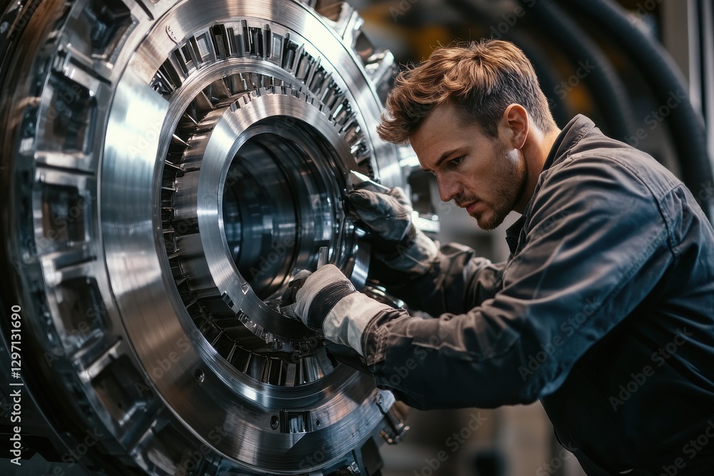 Poster a focused caucasian male technician meticulously working on a large machine component in a workshop.