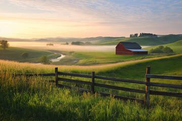 Serene countryside sunrise with barn and rolling hills for nature and landscape inspiration