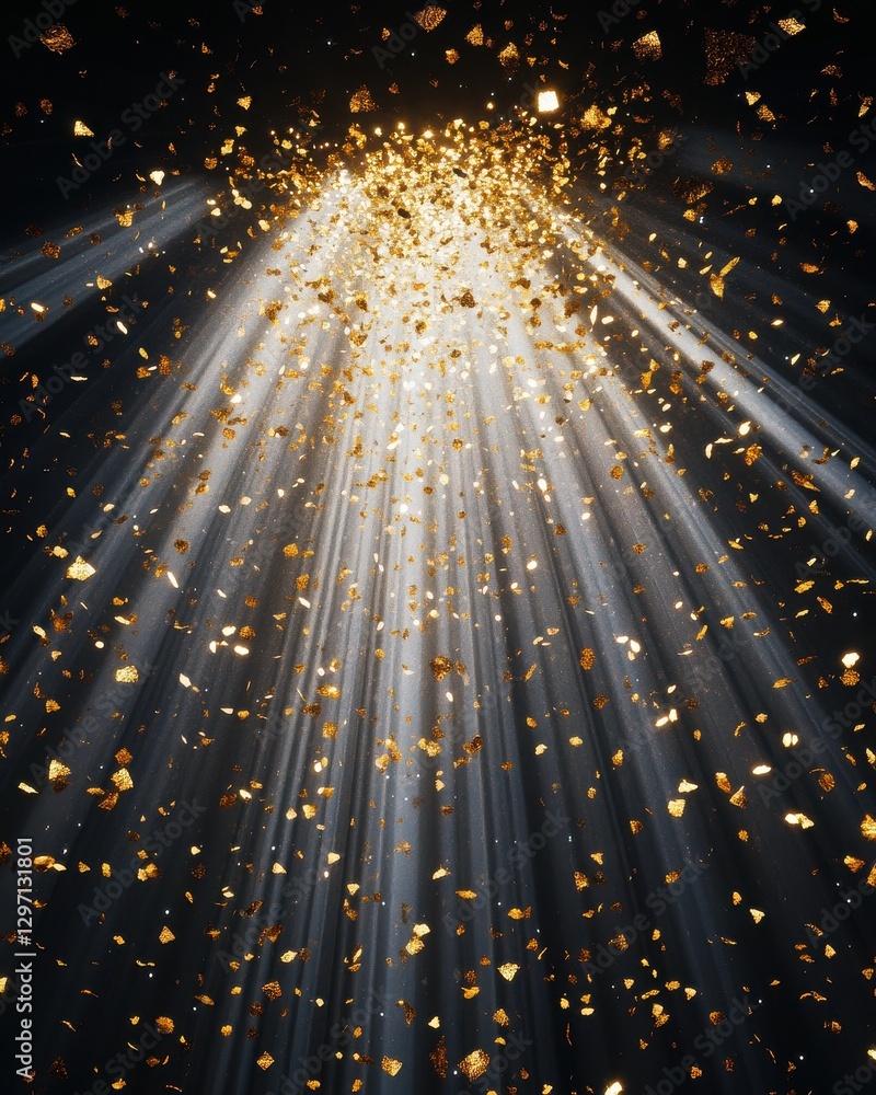 Poster a dazzling display of golden confetti illuminated by beams of light, creating a festive atmosphere.