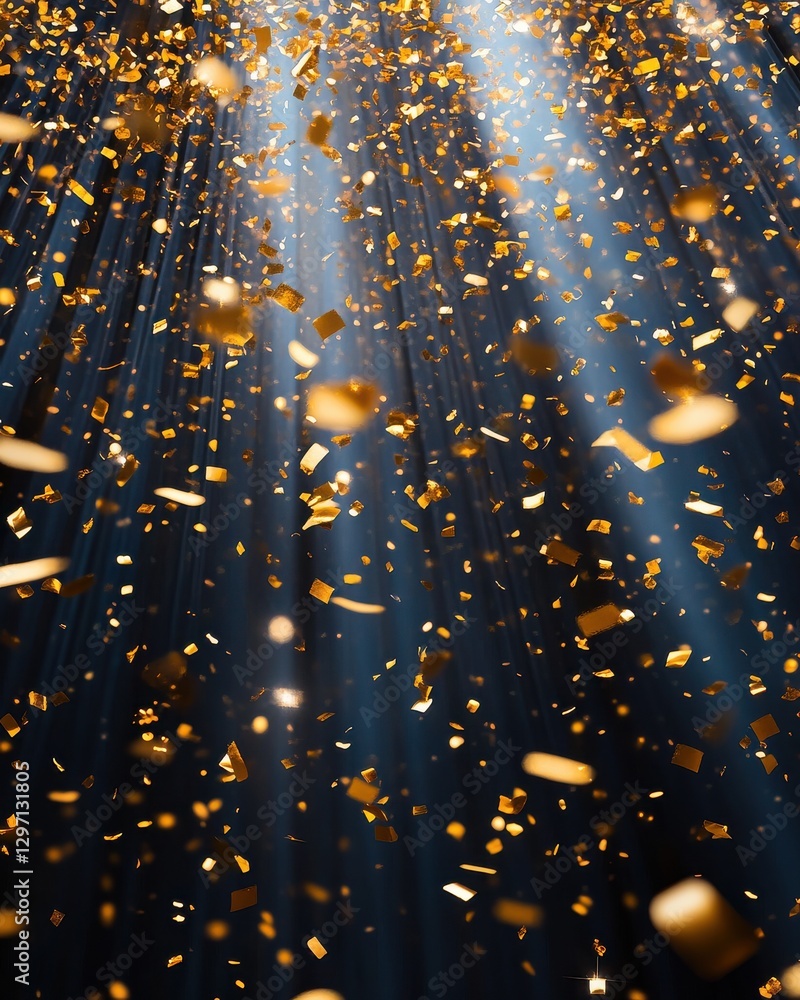 Poster a dazzling display of golden confetti falling through soft beams of light against a dark backdrop.