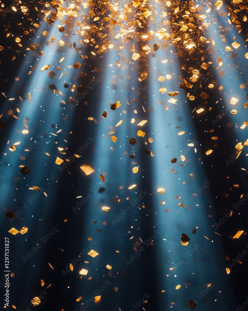 Poster golden confetti sparkles in a vibrant display, illuminated by soft rays of light.