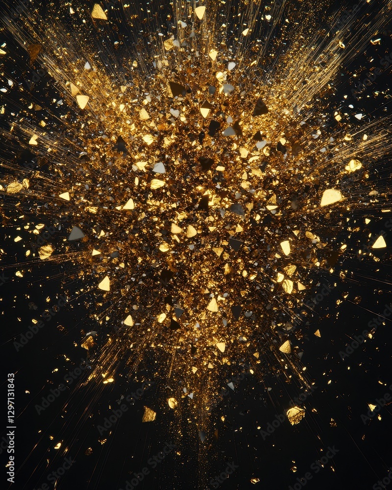 Poster a mesmerizing explosion of golden particles against a dark background, creating a sense of wonder an