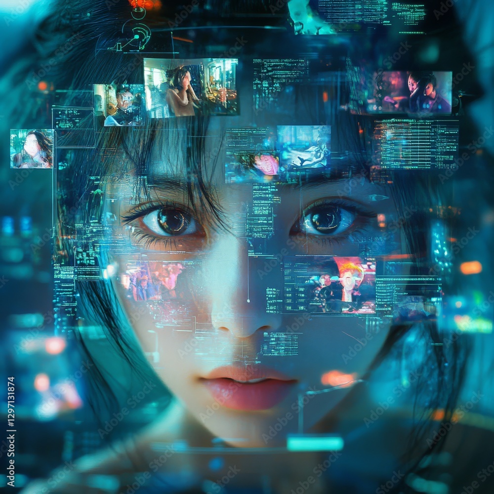 Poster cyberpunk dreams: a digital portrait of a woman surrounded by screens and futuristic code.