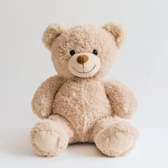 Obraz premium Cute and Cuddly Teddy Bear Sitting Upright on a White Surface, Perfect for Comfort and Childhood Memories.