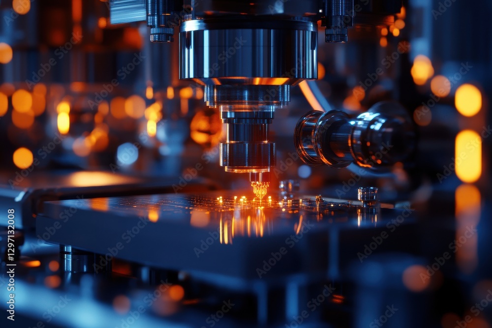 Poster close-up of a precision machine performing intricate operations with a sharp focus on metallic compo