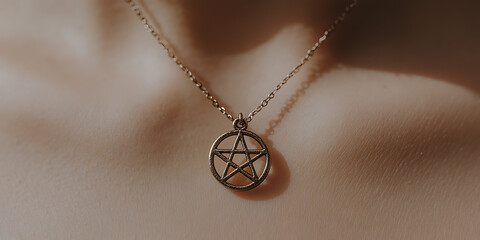 A golden necklace with a pentagram pendant rests against skin, capturing a minimalist aesthetic.  Simple jewelry design and esoteric symbol.