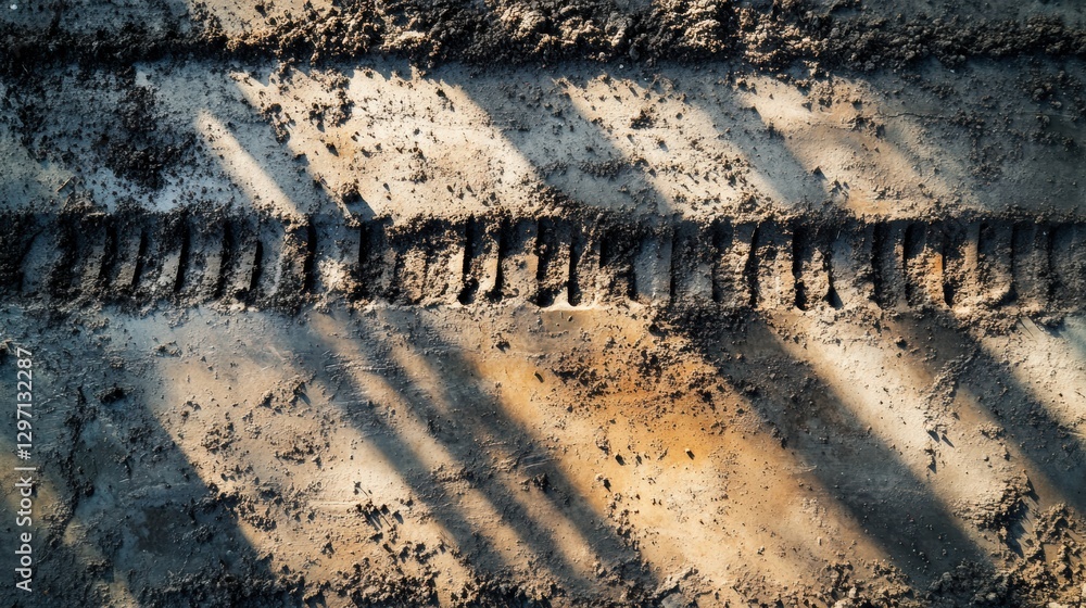 Aufkleber tire tracks on wet soil create an interesting pattern in the sunlight during early afternoon. genera
