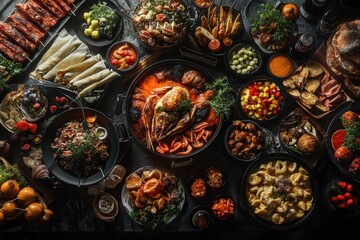 An extravagant assortment of gourmet dishes showcasing a variety of textures and flavors, perfect for celebrations.