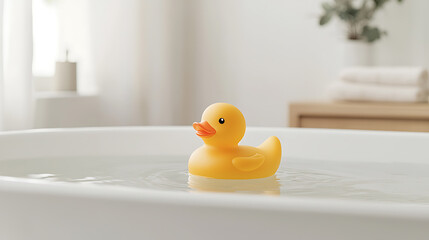 A bright yellow rubber ducky floats serenely in the clean water of a white bathtub, a moment of simple joy and relaxation in a modern bathroom setting.