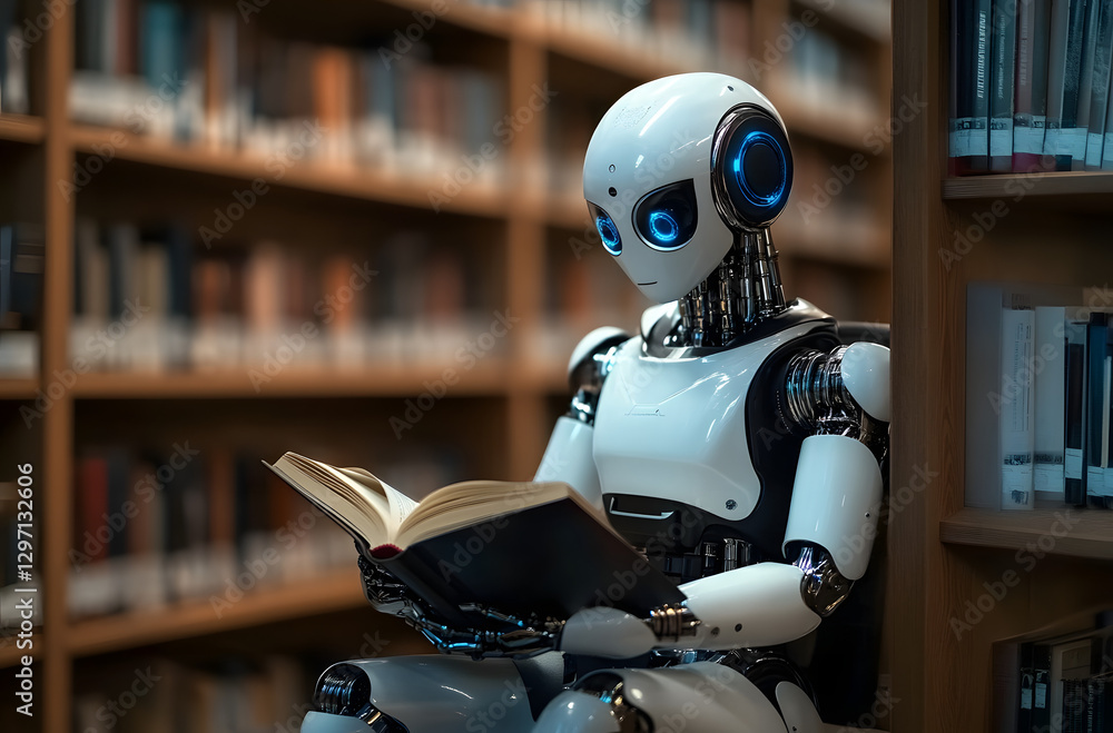 Poster robot ai sits in the library and reads a book. concept of text generation, ai training and informati