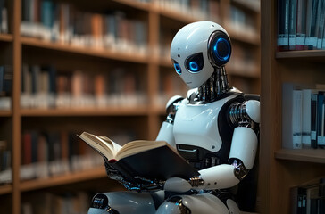 robot ai sits in the library and reads a book. Concept of text generation, AI training and information systematization