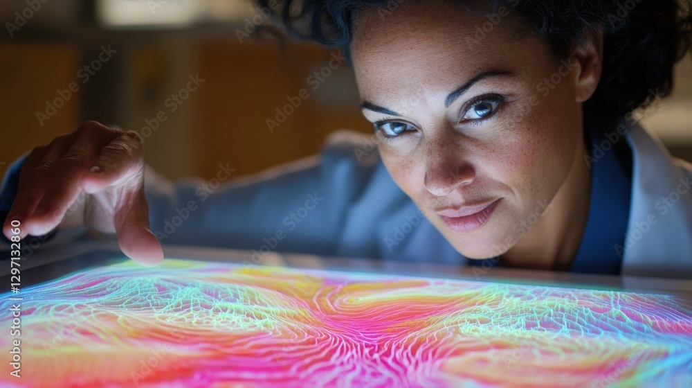 Poster a closeup view of a healthcare professionals focused expression as they interact with a holographic 