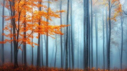Obraz premium An autumn scene of tall trees surrounded by thick fog