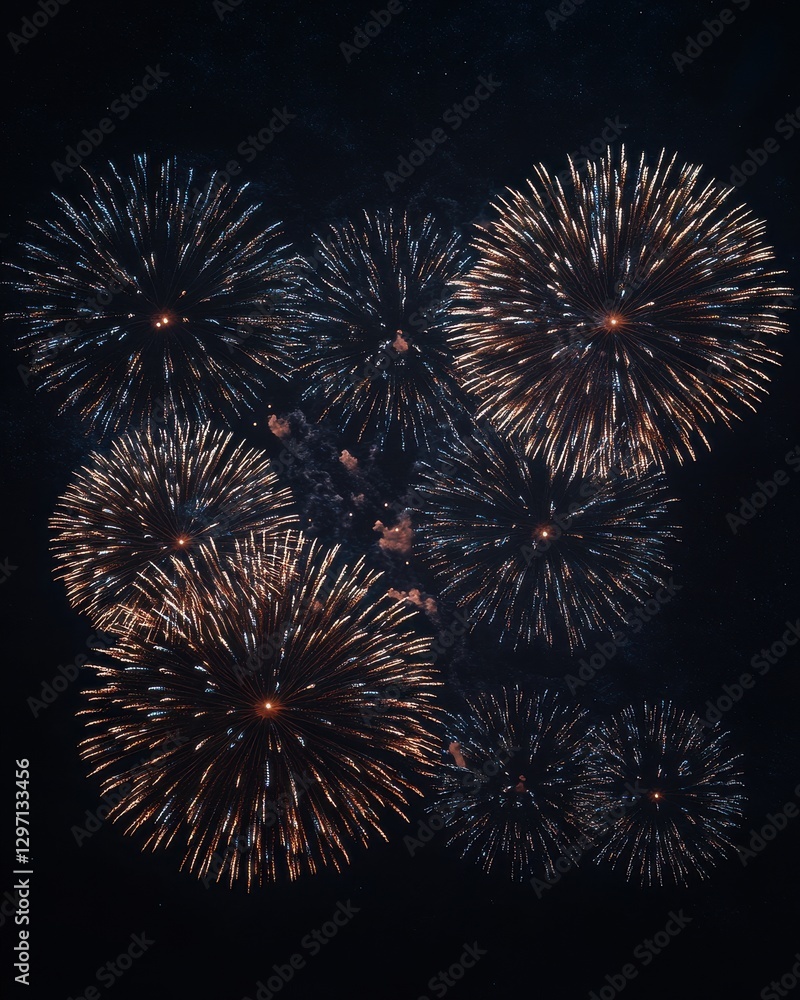 Poster a vibrant display of colorful fireworks lighting up the night sky with sparkling bursts and dynamic 