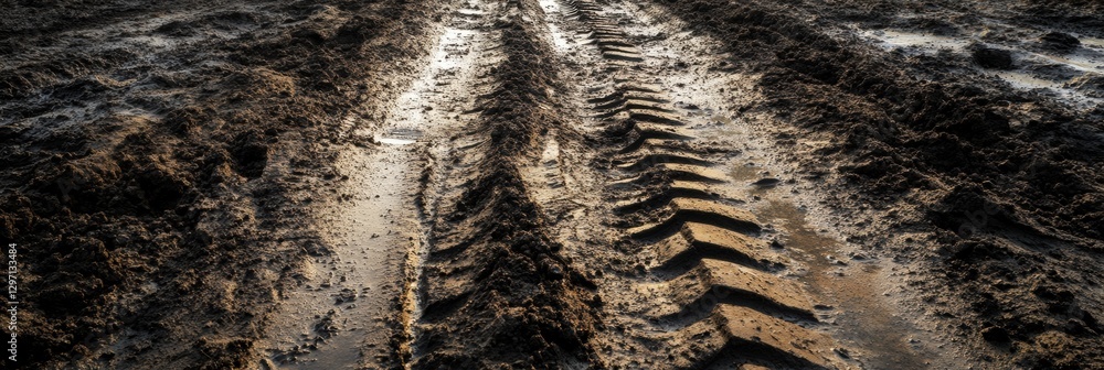 Poster tracks in wet soil after heavy rainfall show evidence of recent agricultural activity in the field. 