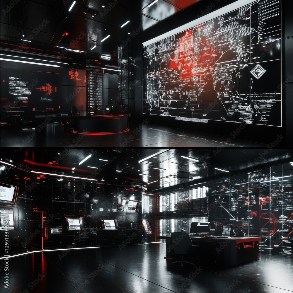 Poster futuristic command center: monitoring global threats with advanced technology and surveillance syste