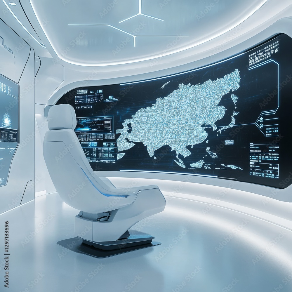 Aufkleber Futuristic Control Room with Map Display: High-Tech Command Center Visualization and Ergonomic Design