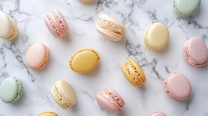 Luxurious Flat Lay of French Macarons in Pastel Colors on Marble