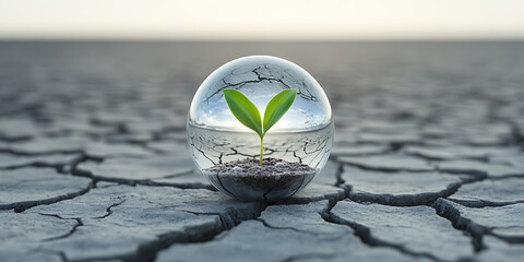 Fototapeta premium Resilience in Arid Lands: A Young Plant Thrives in a Glass Sphere Amidst Cracked Earth, Symbolizing Hope and the Fragility of Life. Water is Precious!