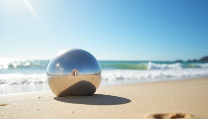 Obraz premium Reflective metallic sphere on sandy beach under blue sky, tranquility