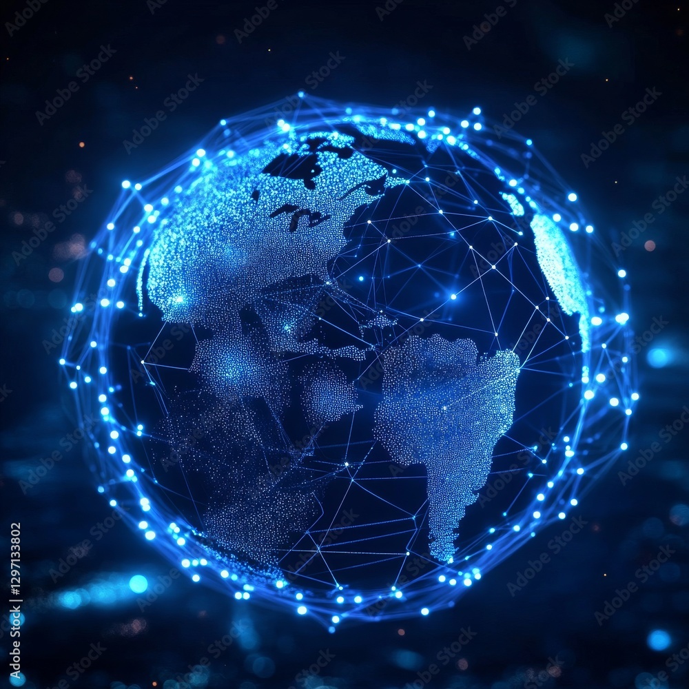 Poster Global Network: A Futuristic Digital Representation of Earth with Interconnected Nodes and Lines