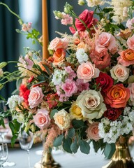A stunning floral arrangement featuring a variety of colorful roses and delicate blooms, evoking elegance.