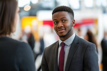 Student engages with professional at university networking session in bustling fair environment