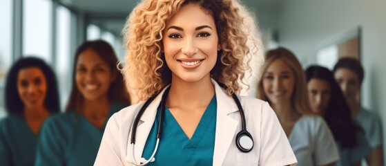 Fototapeta premium Doctor. Caucasian Female Doctor with Medical Team, Professional Healthcare Staff Working Together, Confident Medical Experts Isolated on Background with Copy Space. Medical Concept with Copy Space.