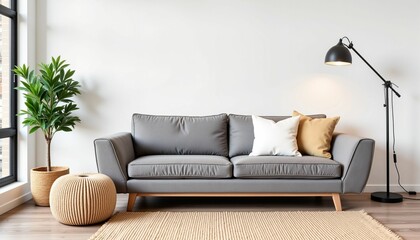 Scandinavian style living room with gray sofa, modern minimalism