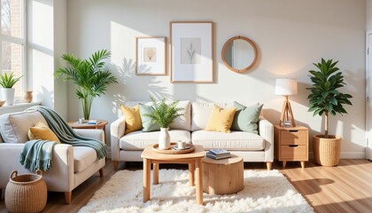 Scandinavian living room serenity with greenery, fresh elegance