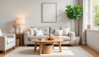 Fototapeta premium Scandinavian living room with wooden furniture, serene atmosphere