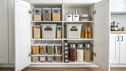 Pantry Organization: A beautifully organized pantry with a variety of food items neatly stored in clear containers, showcasing a blend of order and aesthetics.