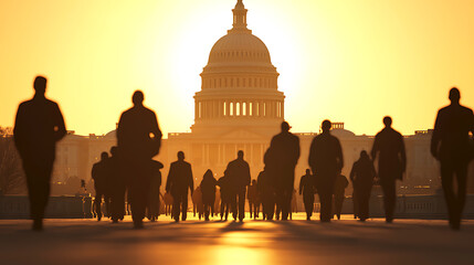 Silhouetted people walk toward a government building during sunrise. Light flares from the building's dome. A new day dawns.