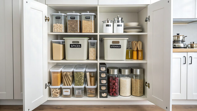 Pantry Organization: A beautifully organized pantry with a variety of food items neatly stored in clear containers, showcasing a blend of order and aesthetics.