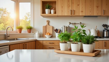 Fototapeta premium Herb garden on kitchen counter in morning light, cozy home vibe